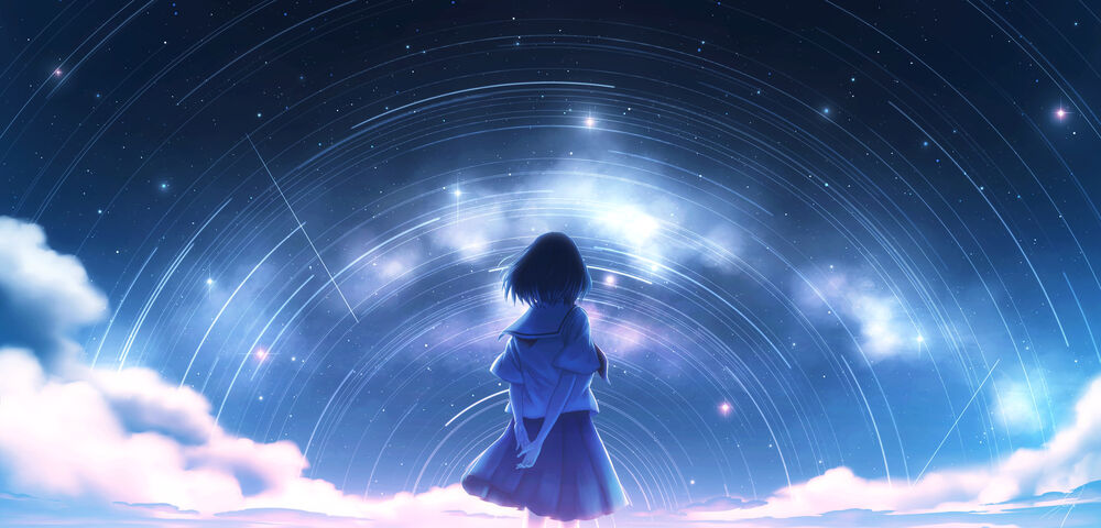 Обои для рабочего стола Девушка в школьной форме смотрит на звездное небо, by Nengoro