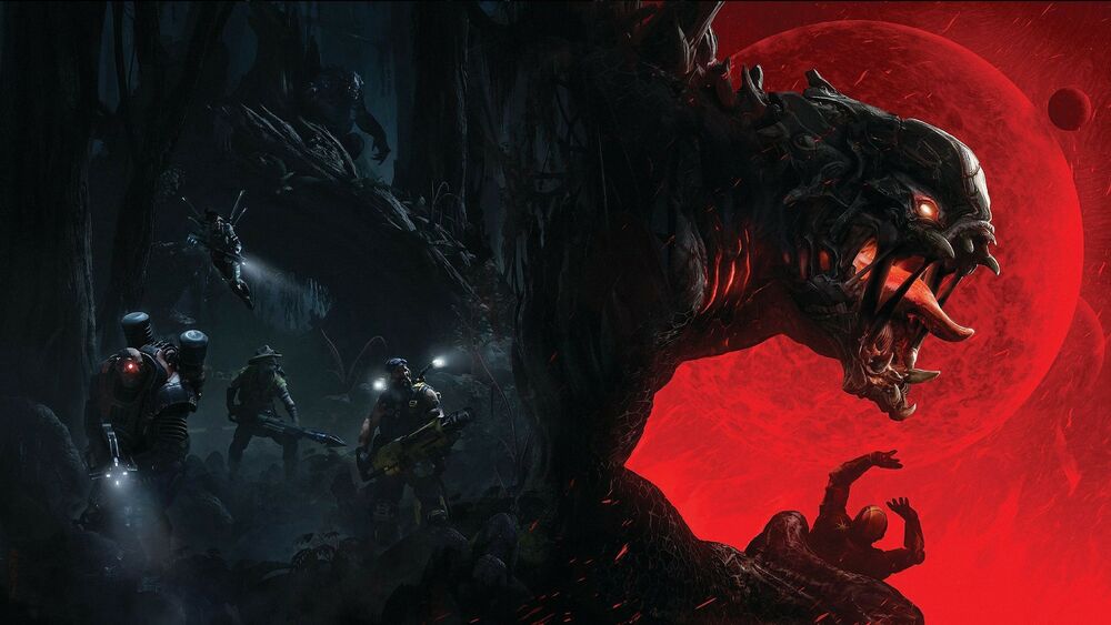 Обои для рабочего стола Три человека и монстр из игры Evolve в профиль на фоне красной планеты