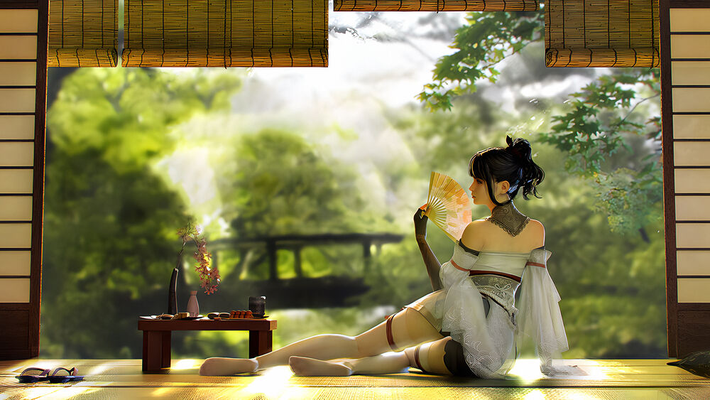 Обои для рабочего стола Девушка с веером в руке сидит на полу у столика на открытой террасе, персонаж из видеоигры Naraka:Bladepoint