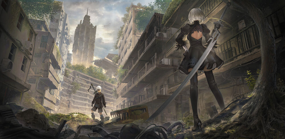 Обои для рабочего стола YoRHa No. 2 Type B и YoRHa No. 9 Type S из игры NieR: Automata среди руин, by RAYxRAY