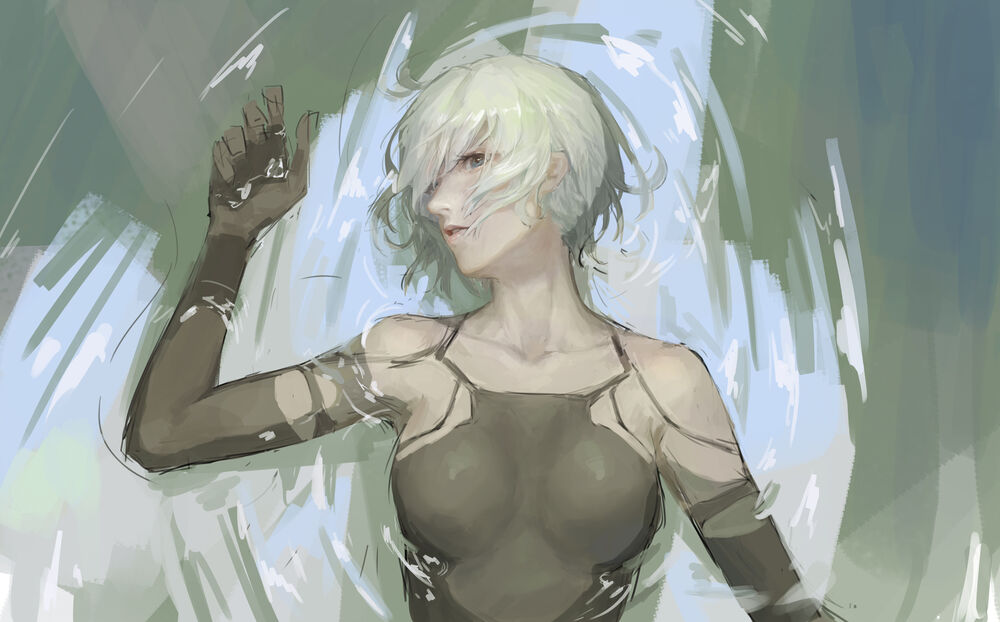 Обои для рабочего стола YoRHa Type A No. 2 из игры NieR: Automata лежит в воде