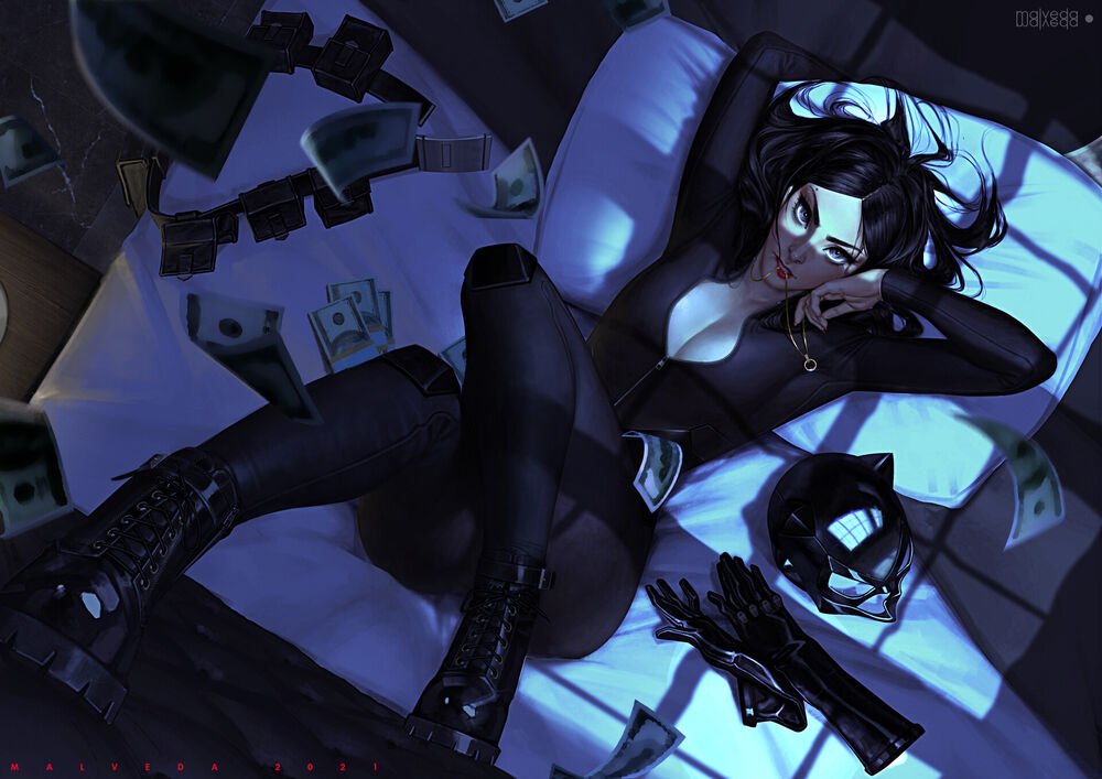 Обои для рабочего стола Catwoman / Женщина-кошка лежин на кровати, персонаж из DC Comics, by Malveda