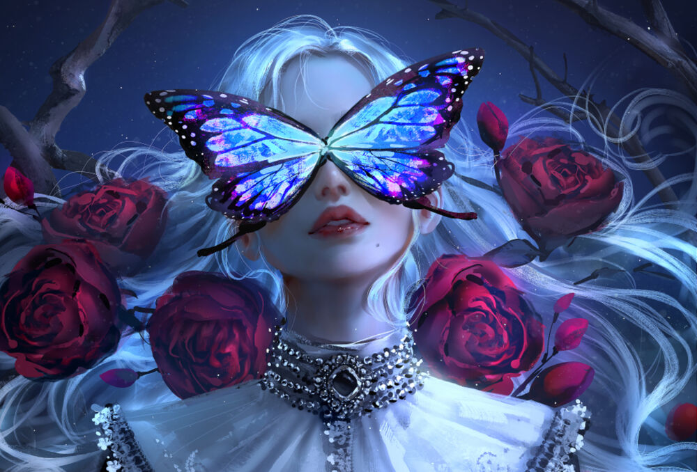 Обои для рабочего стола Девушка с большой бабочкой на глазах и красными розами в волосах, фэнтези персонаж by NIXEU