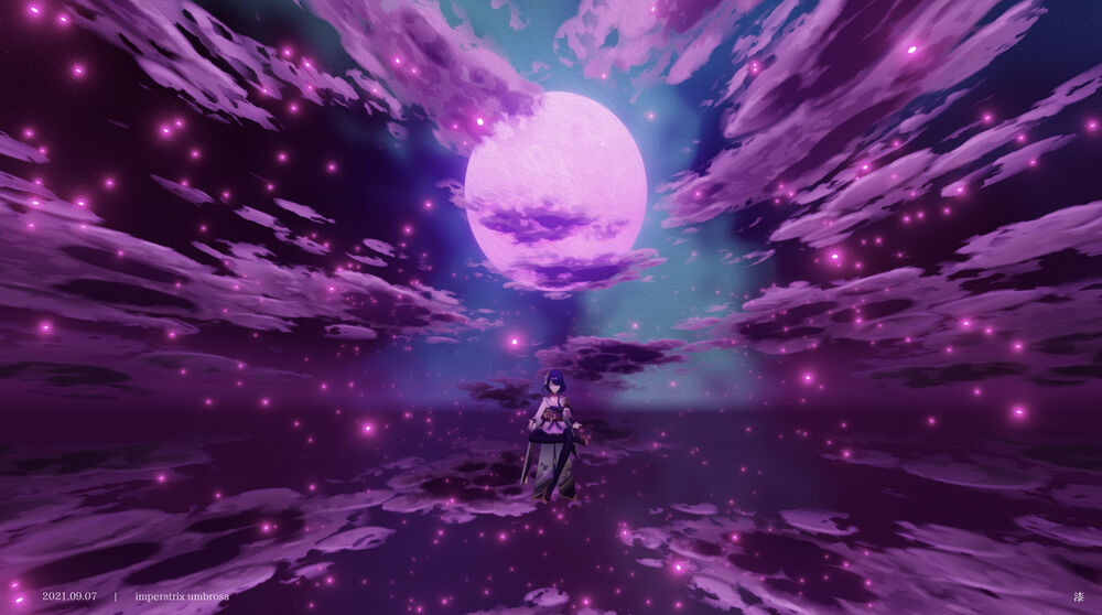 Обои для рабочего стола Raiden Shogun / Сегун Райдэн из игры Genshin Impact на фоне луны среди розовых облаков