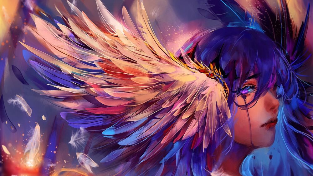 Обои для рабочего стола Девушка с голубыми волосами, с крыльями, by Luna Clarion