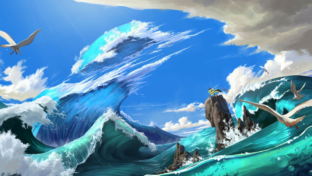 Обои для рабочего стола Воин стоящий на вершине скалистого рифа в бушующем волнами море, by Huhsoo