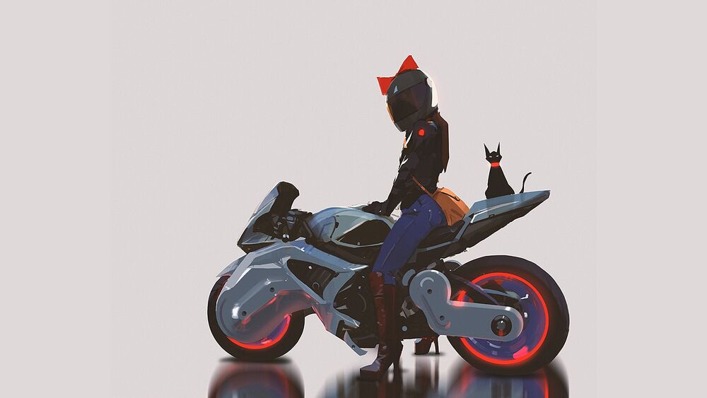 Обои для рабочего стола Kiki / Кики и Jiji / Джиджи на мотоцикле, персонажи из аниме Kikis Delivery Service / Ведьмина служба доставки на белом фоне, ремикс by Atey Ghailan