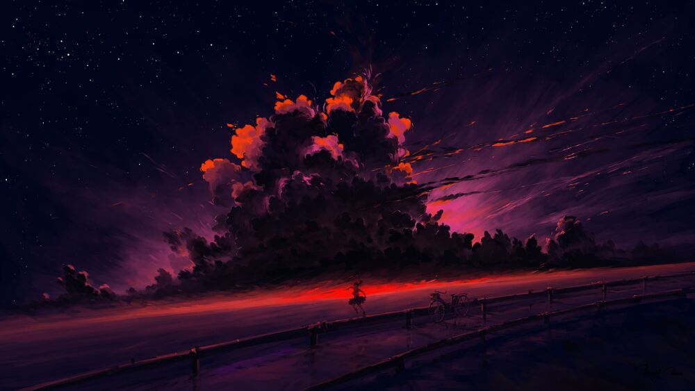 Обои для рабочего стола Девушка на фоне ночного облачного неба, (Saturated Horizon) by BisBiswas