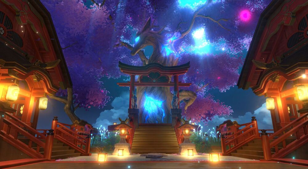 Обои для рабочего стола Дракон сидит на воротах тории возле храма ночью в полнолуние, Night Tree Rays of Light Radiance