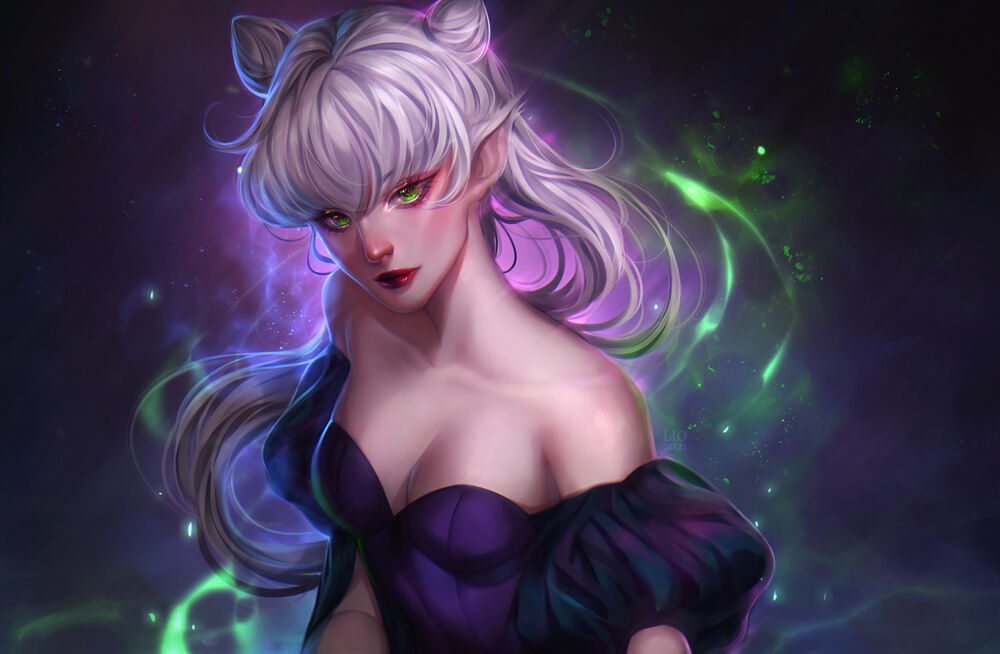 Обои для рабочего стола Зеленоглазая эльфийка на темном фоне, by Ladygelion