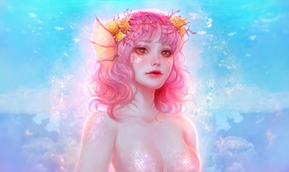 Обои для рабочего стола Русалка с розовыми волосами, by Ladygelion