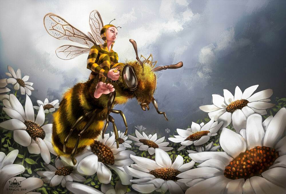 Обои для рабочего стола Девушка-пчела летит верхом на пчеле в поле с цветами, by Karolus Wijaya