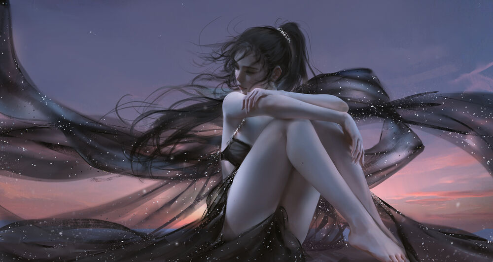 Обои для рабочего стола Брюнетка сидит на фоне закатного неба, digital art by Nixeu