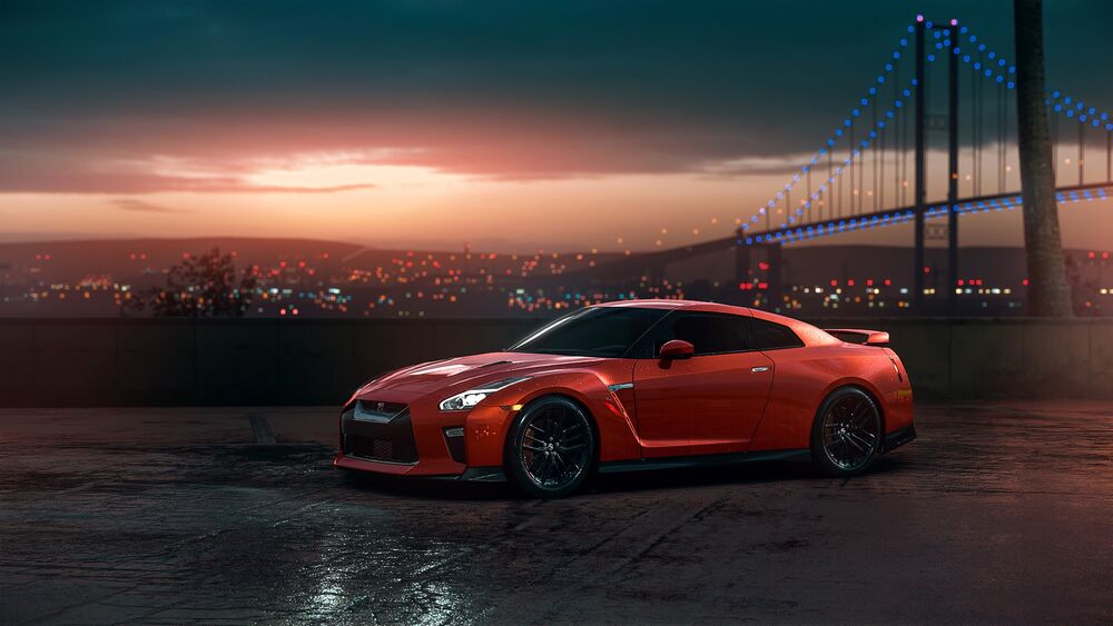 Обои для рабочего стола Nissan GTR R35 на фоне моста и ночного города