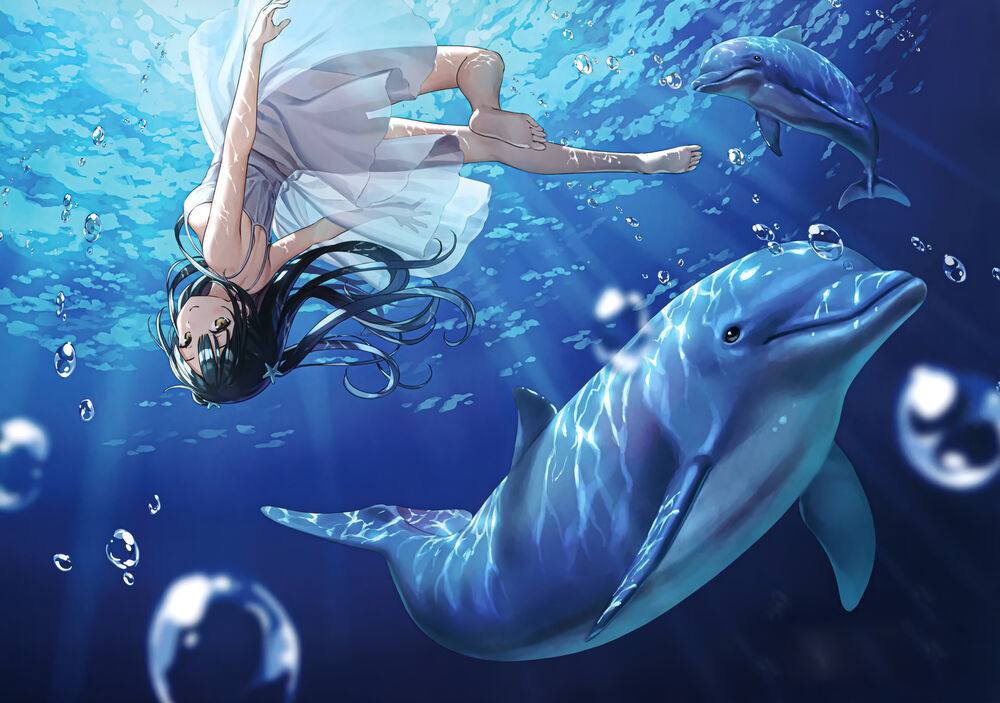 Обои для рабочего стола Девушка Нагиша / Nagisa с дельфинами под водой, by Kantoku