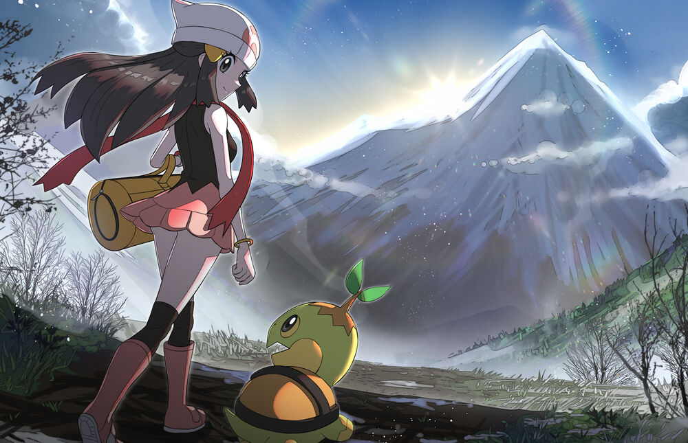 Обои для рабочего стола Turtwig и Hikari, персонажи и аниме Pokemon / Покемон путешествуют в горах