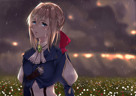 Обои на рабочий стол Violet Evergarden / Вайолет Эвергарден из одноименного аниме стоит под дождем