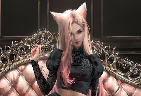 Обои на рабочий стол Ahri / Ари из игры League of Legends сидит на диване