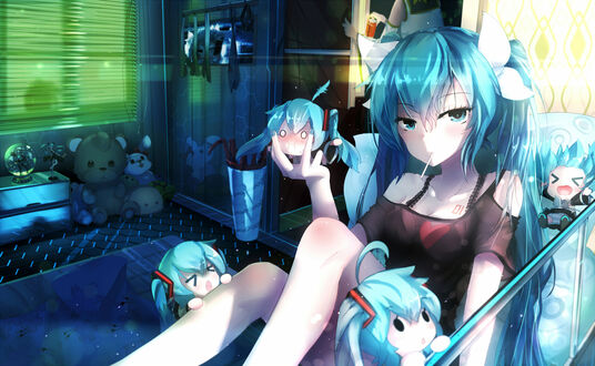 Обои на рабочий стол Vocaloid / Вокалоид Hatsune Miku / Хатсуне Мику / Мику Хацунэ с мини-копиями себя