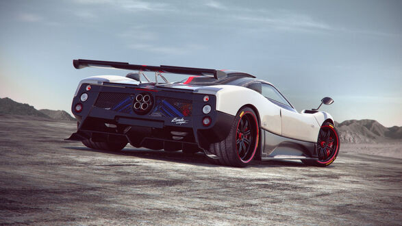 Обои на рабочий стол Pagani Zonda вид сзади стоит на фоне холмов