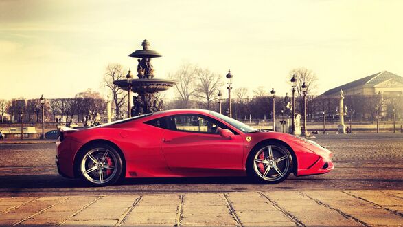Обои на рабочий стол Ferrari 458 italia припаркован на фоне фонтана
