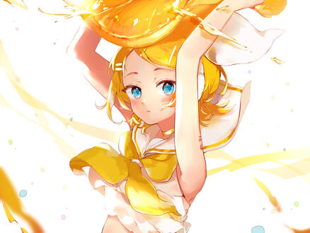 Обои на рабочий стол Vocaloid Кагамине Рин / Kagamine Rin с огромной долькой апельсина
