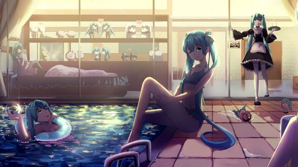 Обои на рабочий стол Компания Vocaloid / Вокалоид Hatsune Miku / Хатсуне Мику / Мику Хацунэ рядом с бассейном