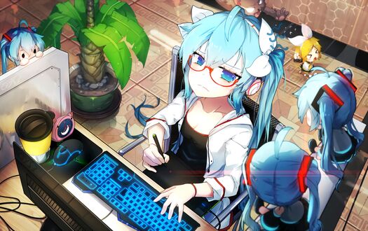 Обои на рабочий стол Чибик Vocaloid Kagamine Rin / Вокалоид Кагамине Рин и Vocaloid Hatsune Miku / Вокалоид Хатсунэ Мику с мини-чибиками себя