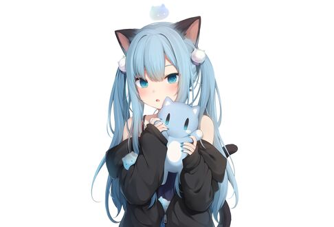 Обои на рабочий стол Vocaloid Hatsune Miku / Вокалоид Хатсунэ Мику с кошачьими ушками держит голубого кота