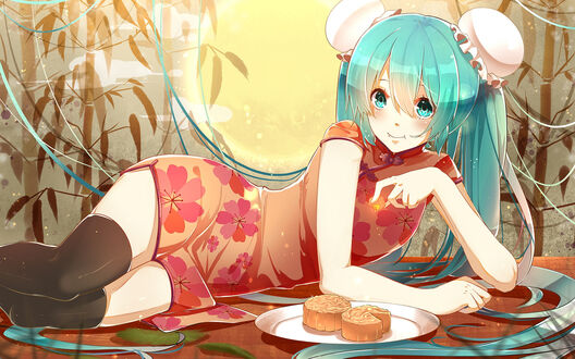 Обои на рабочий стол Vocaloid Hatsune Miku / Вокалоид Хатсунэ Мику в традиционной китайской одежде