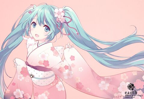 Обои на рабочий стол Vocaloid Hatsune Miku / Вокалоид Хатсунэ Мику в розовом японском кимоно, с белым кроликом на плече