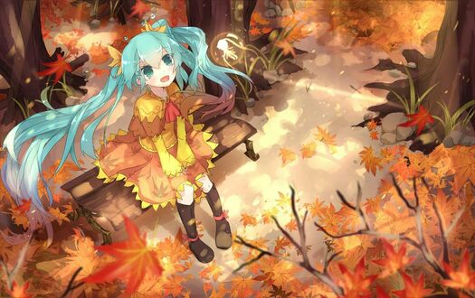 Обои на рабочий стол Vocaloid Hatsune Miku / Вокалоид Хатсунэ Мику сидит на лавочке в осеннем парке