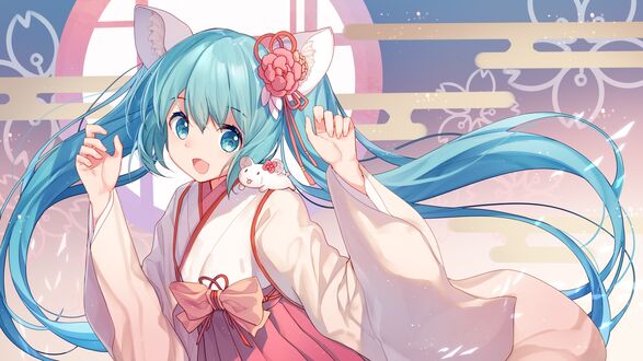 Обои на рабочий стол Vocaloid Hatsune Miku / Вокалоид Хатсунэ Мику с мышиными ушками, на плече сидит мышка