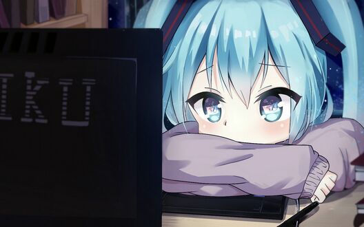 Обои на рабочий стол Vocaloid Hatsune Miku / Вокалоид Хатсунэ Мику смотрит в монитор