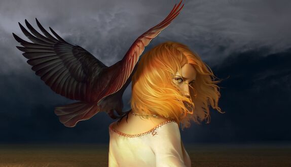Обои на рабочий стол Девушка в белом платье с вороном на плече, by Sophie Medvedeva