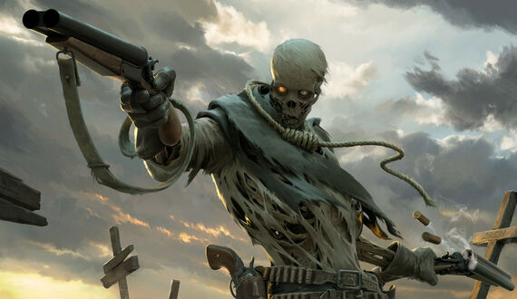 Обои Скелет с обрезами в руках стреляет на кладбище, art by Roman Chaliy
