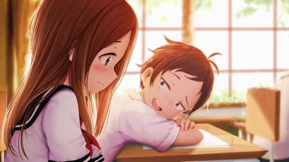 Обои на рабочий стол Takagi / Такаги и Nishikata / Нисиката из аниме Karakai Jouzu no Takagi-san / Озорная Такаги