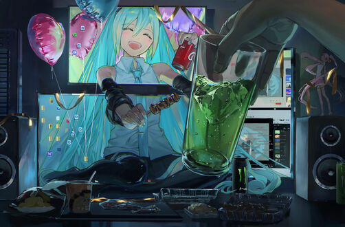 Обои на рабочий стол Vocaloid Hatsune Miku / Вокалоид Хатсунэ Мику отмечает праздник