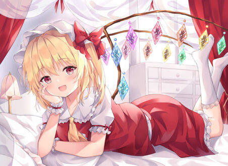 Обои на рабочий стол Flandre Scarlet / Фландр Скарлет в красном платье, персонаж из аниме Тохо / Touhou