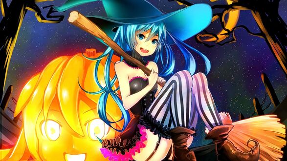 Обои на рабочий стол Vocaloid / Вокалоид Hatsune Miku / Хатсуне Мику / Мику Хацунэ с метлой сидит рядом со светильником Джека