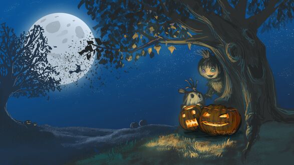 Обои Два соломенных монстрика рядом с деревом, возле него стоят два светильника Джека на фоне ночного неба с полной луной