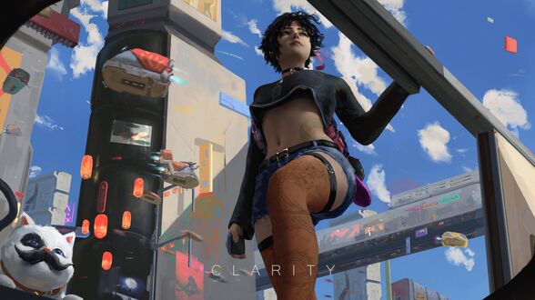 Обои на рабочий стол Девушка-брюнетка с татуировкой дракона на ноге, art by CLARITY