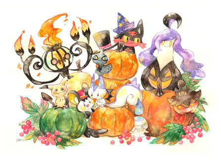 Обои на рабочий стол Chandelure / Шанделюр, Emolga / Эмолга, Litten / Литтен, Litwick / Литвик, Mimikyu / Мимикью, Pachirisu / Пачирасу, Pumpkaboo / Пампкабу и Shuppet / Шаппет из аниме Pokémon / Покемон