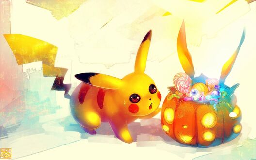 Обои на рабочий стол Pikachu / Пикачу из аниме Pokemon / Покемон рядом с светильником Джека