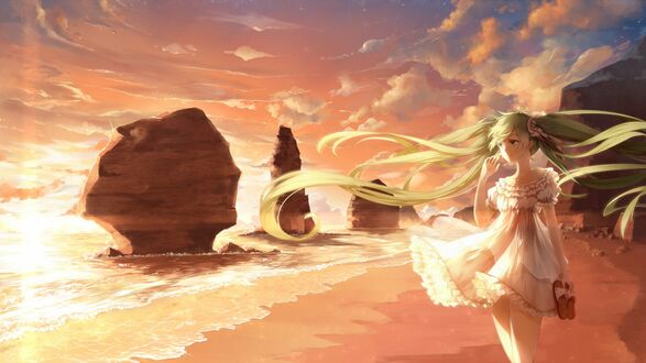 Обои на рабочий стол Vocaloid / Вокалоид Hatsune Miku / Хатсуне Мику / Мику Хацунэ в белом платье прогуливается у берега