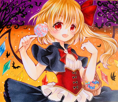Обои на рабочий стол Flandre Scarlet / Фландре Скарлет на фоне тыквы, серия компьютерных игр Touhou Project / Проект «Восток»