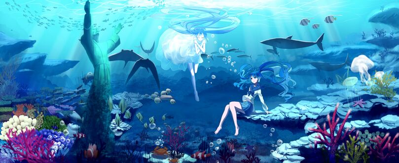 Обои на рабочий стол Две Vocaloid Hatsune Miku / Вокалоид Хатсунэ Мику под водой, среди морских обитателей и статуи