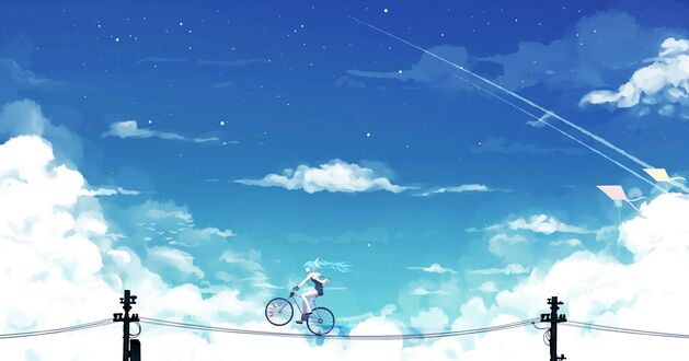 Обои на рабочий стол Vocaloid Hatsune Miku / Вокалоид Хатсунэ Мику на велосипеде едет по электропроводам на фоне голубого неба с белыми облаками