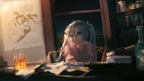Обои на рабочий стол Vocaloid Hatsune Miku / Вокалоид Хатсунэ Мику в очках сидит за столом