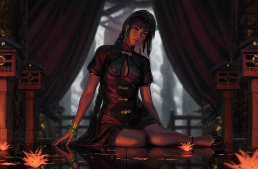 Обои на рабочий стол Девушка в платье сидит на полу, by GUWEIZ
